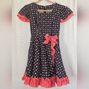 Vintage Circle Cupcake Dress Girls Tween Handmade Navy and Salmon Trim Princess